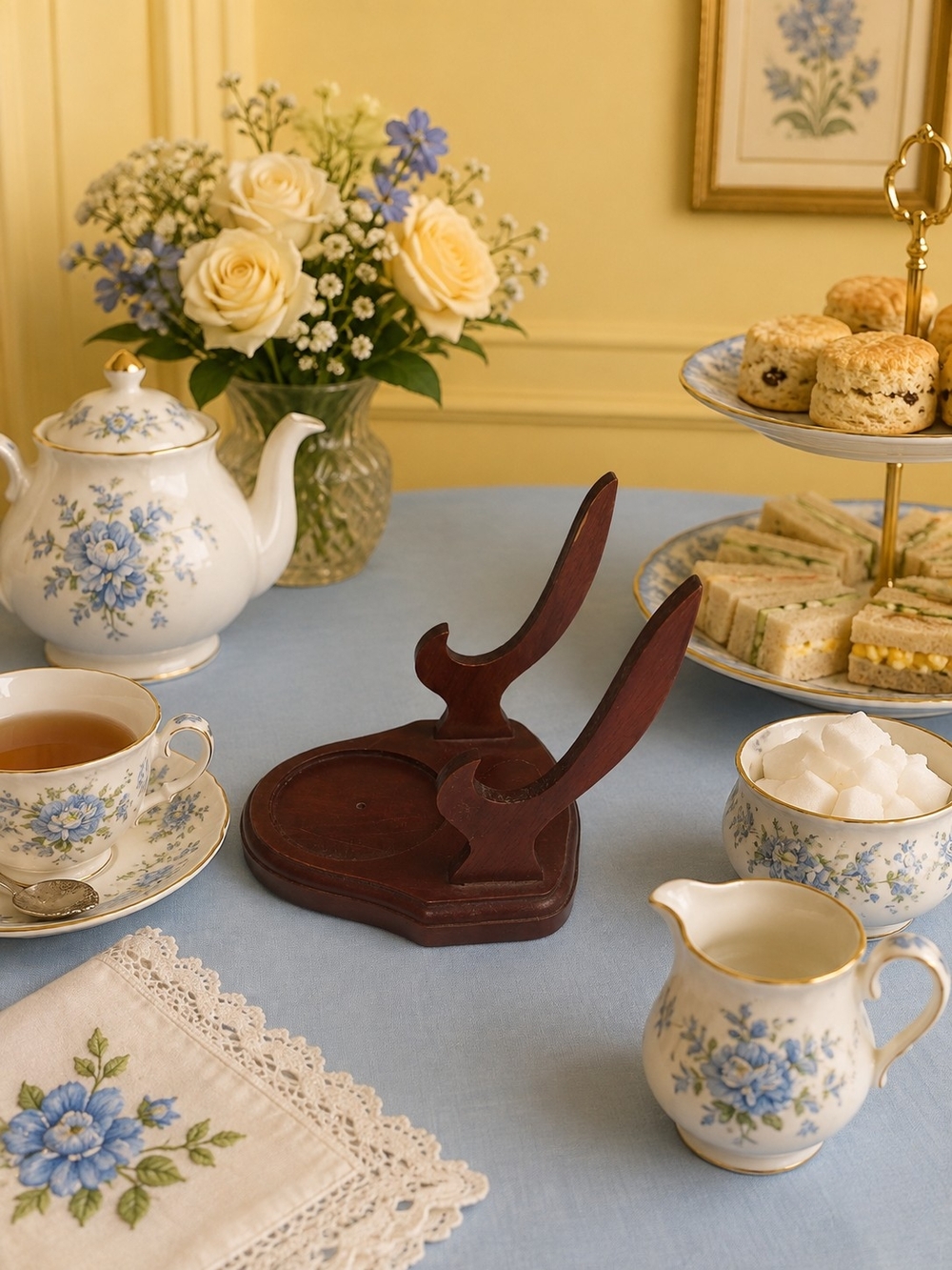 Vintage Tea Cup And Saucer Display Mahogany Finish Excellent Condition